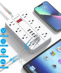 15 Ft Flat Plug Power Strip With 8 Widely Spaced Outlets And 6 USB Ports Including 1 USB C Surge Protector Wall Mountable in use