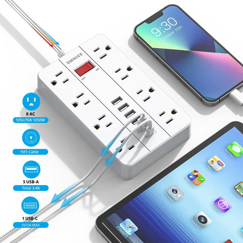 15 Ft Flat Plug Power Strip With 8 Widely Spaced Outlets And 6 USB Ports Including 1 USB C Surge Protector Wall Mountable in use
