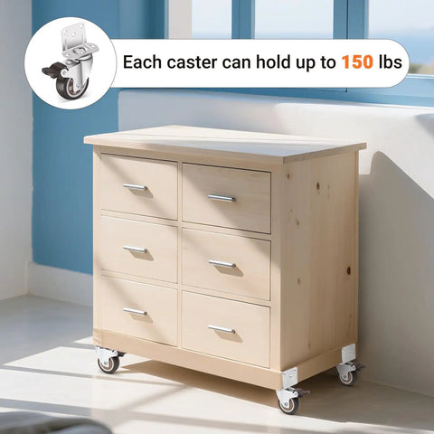 Heavy Duty Two Inch Side Mount Caster Wheels 12 Pack Rock Solid L Shaped Rubber Castors For Furniture DIY Desk And Crib Smooth Rolling Built Tough No Sweat Setup on a wooden dresser.