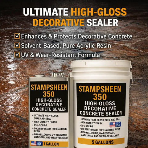 High Gloss Wet Look Concrete Sealer Solvent Based Acrylic Cure And Seal UV Resistant Non Yellowing Formula in 1 and 5 gallon containers.