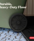 Close-up of wheel on Outdoor Resin Horizontal Storage Cabinet For Trash Cans And Garden Tools showing durable floor