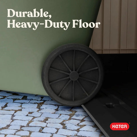 Close-up of wheel on Outdoor Resin Horizontal Storage Cabinet For Trash Cans And Garden Tools showing durable floor
