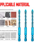 Front view: five blue 1/4-inch eccentric masonry drill bits; tungsten steel.