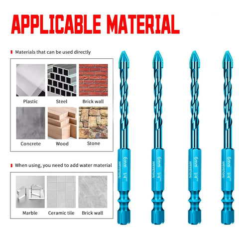 Front view: five blue 1/4-inch eccentric masonry drill bits; tungsten steel.
