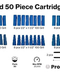 50 Piece Zirconia Abrasive Sanding Cartridge Spiral Roll Sander Kit layout showing grit sizes and quantities.
