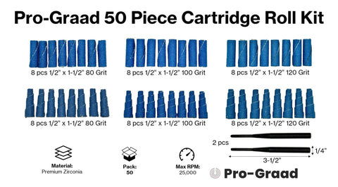 50 Piece Zirconia Abrasive Sanding Cartridge Spiral Roll Sander Kit layout showing grit sizes and quantities.