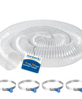 Badass Four Inch Dust Collection Hose 10 Foot Flexible PVC Fume Extractor Tube With Crystal Clear Design and Reinforced Carbon Steel Wire, coiled with clamps.