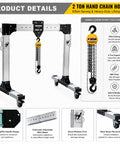 Portable Adjustable Aluminum Gantry Crane with 2 Ton Chain Hoist Built Tough for No Sweat Shop Lifting and Garage Beast, front view showing chain hoist and structure.