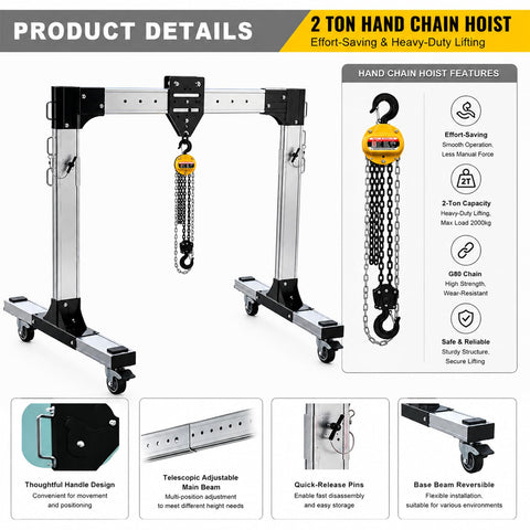Portable Adjustable Aluminum Gantry Crane with 2 Ton Chain Hoist Built Tough for No Sweat Shop Lifting and Garage Beast, front view showing chain hoist and structure.