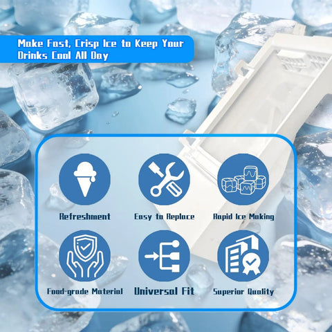 W11455232 Ice Maker Replacement For Refrigerator Premium Upgraded ABS AS Plastic features and ice cubes background
