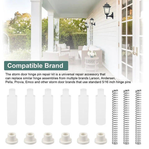Storm Screen Door Hinge Pin Repair Kit K5131 Replacement Set For Emco Andersen Hinges with springs, pins, and bushings.