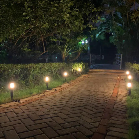 Solar Pool Lights For Above Ground Pools, 8-Pack Low-Voltage Pathway Lights, 3W 12V illuminating a garden pathway at night