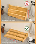 Premium Grade Three Tier Natural Bamboo Spice Rack With Adjustable Cabinet Organizer Shelf For No Sweat Kitchen Countertop Storage and Slick Rust Proof Home Setup showing correct and incorrect usage orientation.