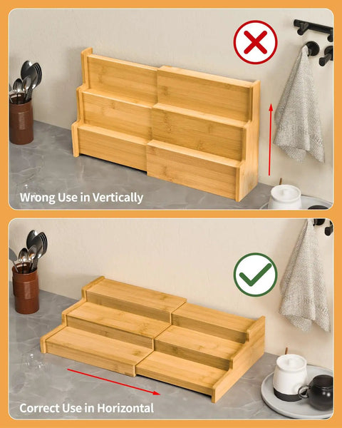 Premium Grade Three Tier Natural Bamboo Spice Rack With Adjustable Cabinet Organizer Shelf For No Sweat Kitchen Countertop Storage and Slick Rust Proof Home Setup showing correct and incorrect usage orientation.