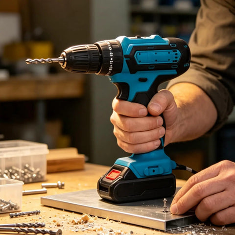 Rock Solid 21V Cordless Drill And Electric Screwdriver With Quick Lithium Battery used on metal with person holding it.
