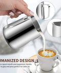 12 Oz 350 Ml Stainless Steel Espresso Milk Frothing Pitcher With Latte Art Pen For Home Barista Use pouring milk over latte art