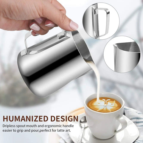 12 Oz 350 Ml Stainless Steel Espresso Milk Frothing Pitcher With Latte Art Pen For Home Barista Use pouring milk over latte art