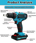 Top Notch Brushless Cordless Drill Set showing features like high/low speed adjustment, rubberized handle, cordless design.