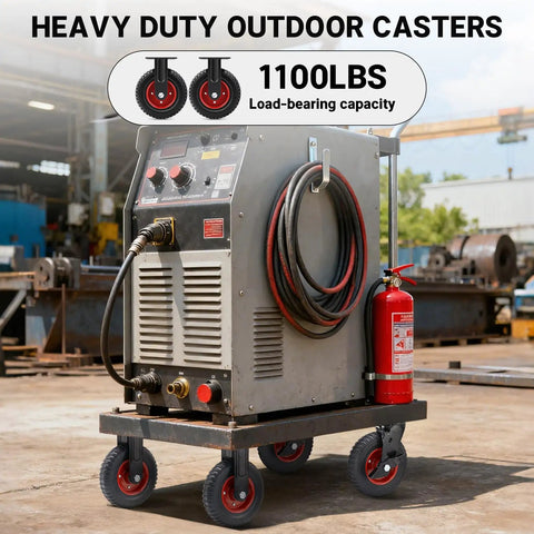 8 Inch Outdoor Heavy Duty Caster Wheels Set Of Two Badass Rubber Castors With Brake 1100 Lbs Load Capacity on a cart in a workshop.