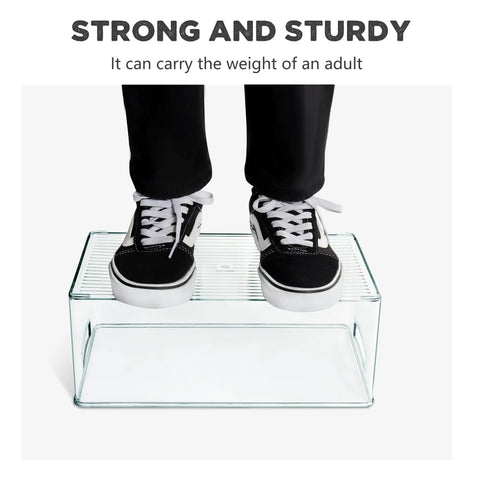 Kick Clutter To The Curb With These 8 Pack Freezer Organizer Bins Featuring Reinforced Handles And Thickened Food Grade Plastic For Fridge Pantry Storage That Really Keeps Your Kitchen Game Strong. Adult standing on a clear organizer bin.