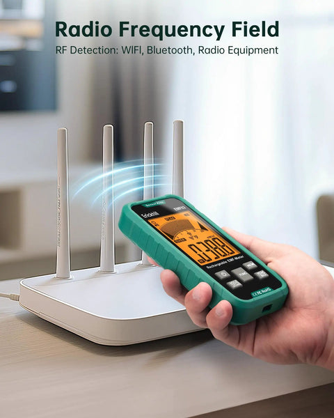 3 In 1 EMF Detector For EF MF And RF And WiFi Radiation Readings next to WiFi router, handheld showing digital display