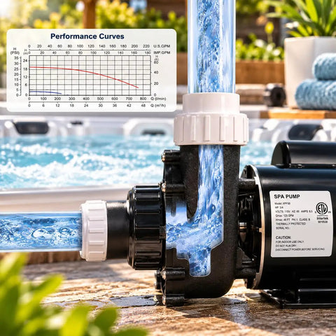 Heavy Duty 2HP Spa Hot Tub Pump delivering hella smooth dual speed flow and knockout high output performance side view with water flow