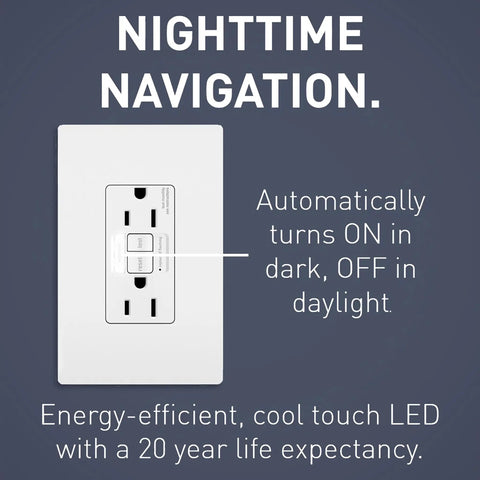 Radiant In Wall Night Light GFCI Outlet With Self Test Tamper Resistant Duplex And Cool Touch LED For Bathroom And Hallway