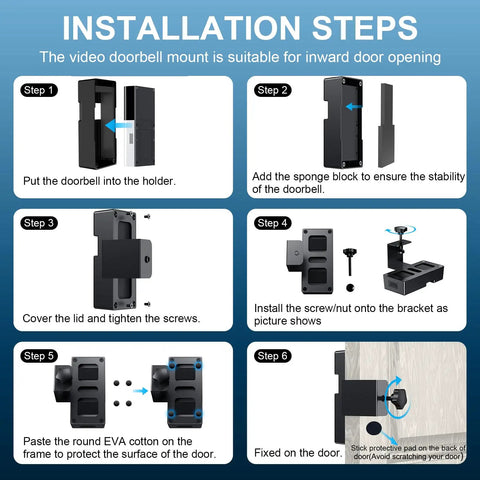Anti Theft Video Doorbell Mount For Ring And Blink Wireless Doorbells Easy Install No Drill Bracket For Inward Opening Doors Fits 1 2 3 3 Plus 4 And 2023 Release Not Block Motion Sensor For Homes And Apartments Black, installation steps graphic
