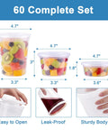Bulk 60 Pack Deli Containers With Lids 8 16 32 Oz BPA Free Airtight Leakproof Plastic Storage Jars with fruit inside.