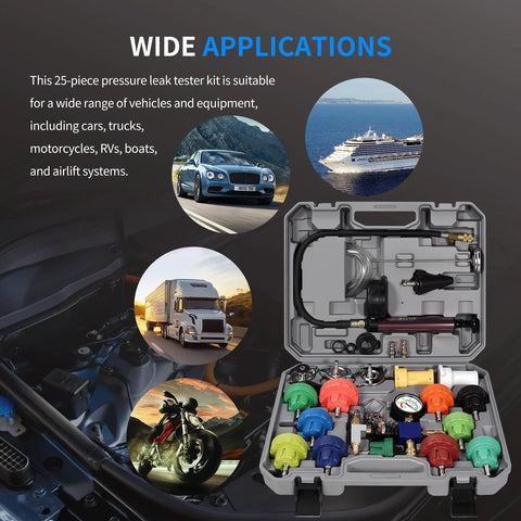 Front view of a 25-piece automotive coolant pressure tester kit in a gray carrying case with colorful adapters.