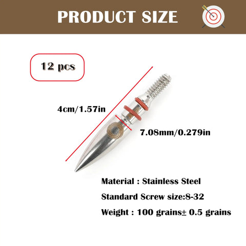 100 Grain Screw In Archery Field Points For Recurve And Compound Bow Target Practice Pack Of 12 with dimensions and materials