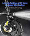 Close-up of 14-inch fat tire and disc brake on Folding Electric Bike For Adults And Teens, 750W Peak Motor, Up To 23 MPH Top Speed.