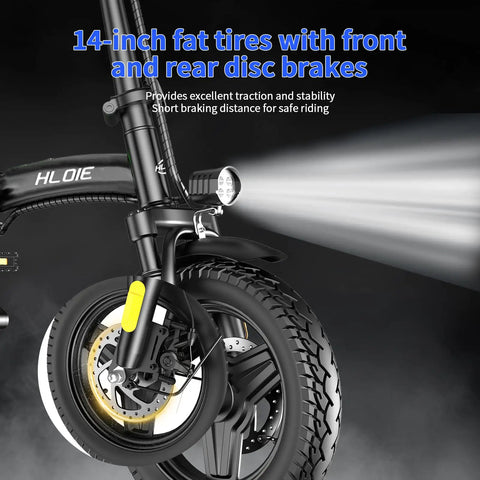 Close-up of 14-inch fat tire and disc brake on Folding Electric Bike For Adults And Teens, 750W Peak Motor, Up To 23 MPH Top Speed.
