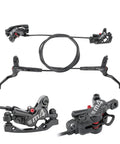 Splumzer MTB 4-piston hydraulic disc brake set with front-left and rear-right levers, black.