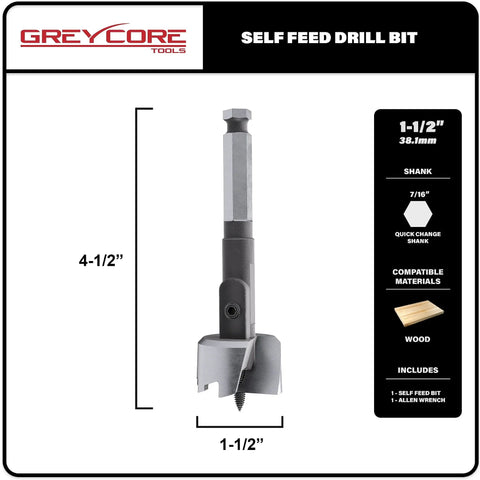 Self-Feed Drill Bit 3-Inch, 2-Cutter Wood Boring Bit with Aggressive Feed Screw, 7/16" Hex Shank, Pro-Grade Carpentry.
