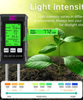 All In One Soil Test Kit With Digital Moisture Meter And pH Tester Large Screen Measures Fertility Temperature Sunlight And Air Humidity For Garden Greenhouse And Farm Use For Your Garden Crew Requires 2 AAA Batteries, showing light intensity reading