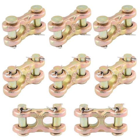 8 Pack 3/8 Double Clevis Link Heavy Duty Zinc Plated Alloy Steel Chain Repair Hardware showing clevis connectors for industrial use.