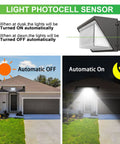 Ultra Bright 150W LED Wall Pack Light With Dusk Dawn Sensor 5000K showing automatic on-off feature at house entrance.