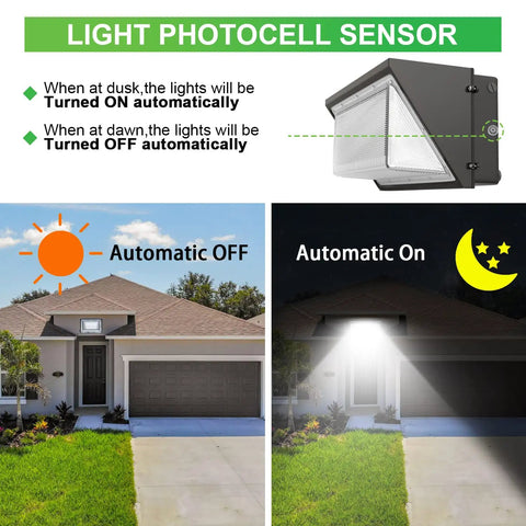Ultra Bright 150W LED Wall Pack Light With Dusk Dawn Sensor 5000K showing automatic on-off feature at house entrance.