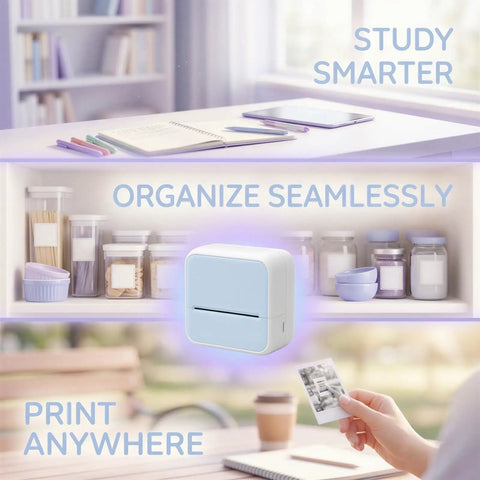 Vestamore Portable Inkless Thermal Label Maker Machine With Wireless Mobile Printing For iOS And Android on a table with stationery.