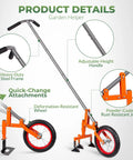 Diagram of 2 In 1 Manual Wheel Hoe Garden Cultivator with Adjustable Long Handle showing features like heavy-duty steel frame and quick-change attachments.