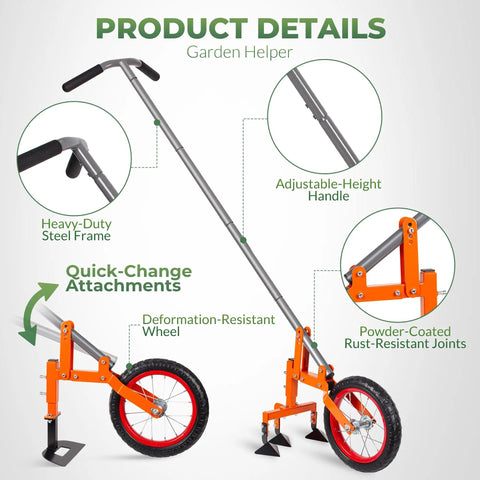 Diagram of 2 In 1 Manual Wheel Hoe Garden Cultivator with Adjustable Long Handle showing features like heavy-duty steel frame and quick-change attachments.