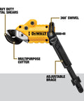DEWALT metal shear/cutter drill attachment with 360° swivel head, side view, yellow/black.