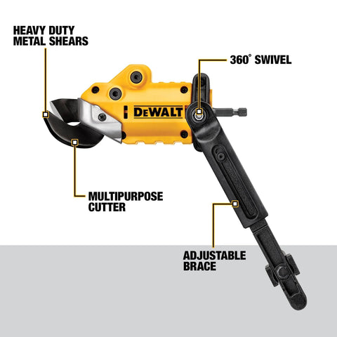 DEWALT metal shear/cutter drill attachment with 360° swivel head, side view, yellow/black.