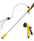 Compact Cordless Stick Water Transfer Pump For Outdoor Tank Draining And Emergency Fluid Removal with 35 ft hose and spray nozzle.