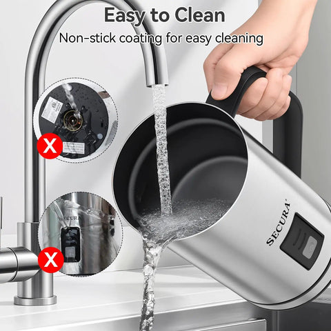 Electric Milk Frother Stainless Steel 8.4oz Capacity Hot And Cold Foam Maker being rinsed under a tap for cleaning