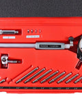 Dial bore gauge set in red carrying case with probes; Accusize, 1.4–6 in range, 0.0001 in graduation, front view