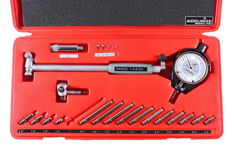 Dial bore gauge set in red carrying case with probes; Accusize, 1.4–6 in range, 0.0001 in graduation, front view