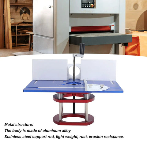 Premium Manual Router Table Lift Base featuring smooth height adjustment, aluminum build, and stainless steel support rod in workshop.
