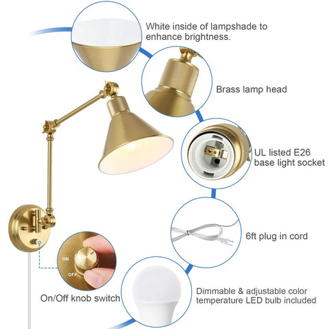 Diagram of Brushed Brass Plug In Wall Sconce With Remote, Dimmable LED, Swing Arm, Adjustable Color Temperature 2700K To 6500K, UL Listed, 2 Pack